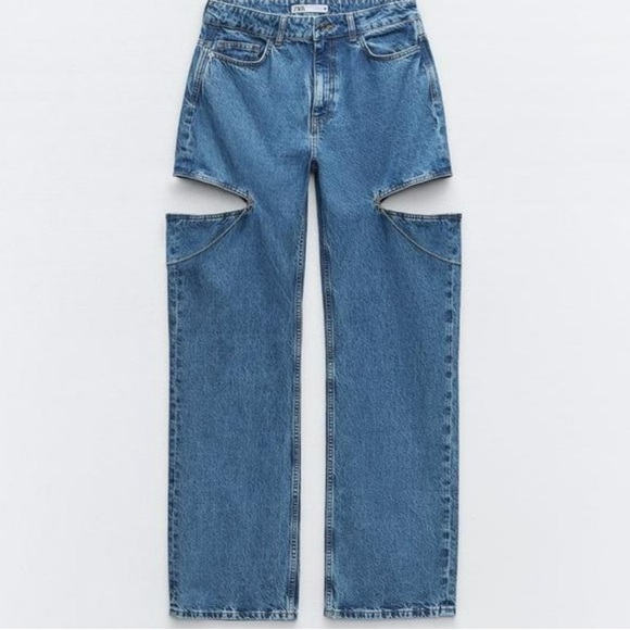 ZARA Z1975 MID WAIST STRAIGHT LEG CUT OUT JEWEL JEANS - Picture 2 of 5